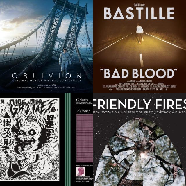Four album covers: the soundtrack to the 2013 film Oblivion; Bad Blood by Bastille; Visions by Grimes; and Friendly Fires by Friendly Fires.